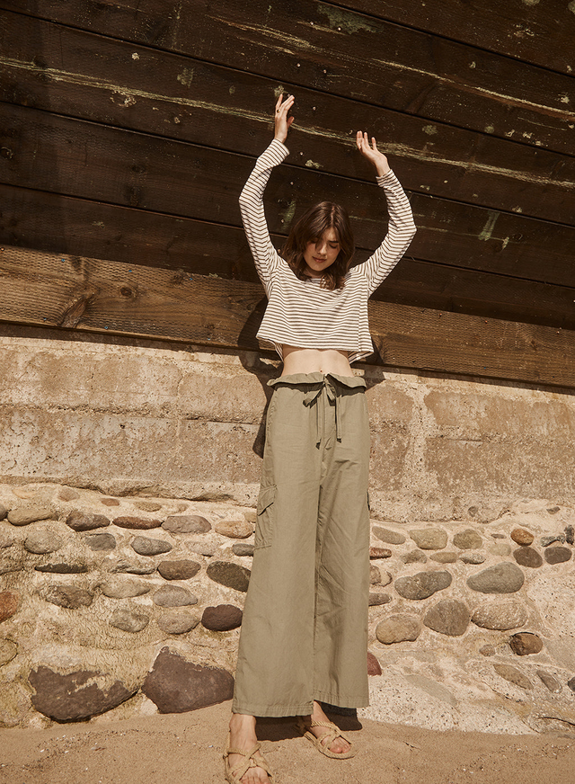 Linen Cotton Jersey Long Sleeve Cropped Boatneck in Fern