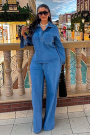 Denim Turndown Collar Long Sleeve Blouse Straight Leg Jeans 2pcs Set-Blue