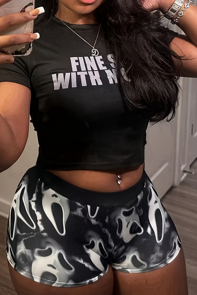 Black Casual Print Draw String O Neck Short Sleeve Two Pieces