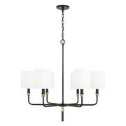 Beckham Glossy Black and Aged Brass Six-Light Chandelier with White Fabric Stay Straight Shades