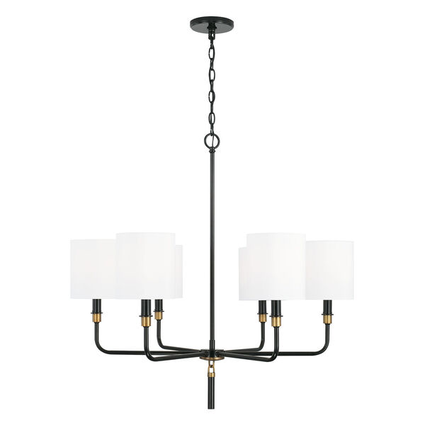 Beckham Glossy Black and Aged Brass Six-Light Chandelier with White Fabric Stay Straight Shades