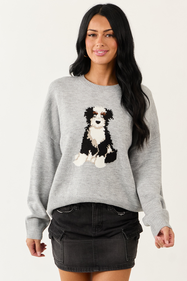 Dove Grey Puppy Graphic Soft Knit Sweater