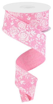 Pre-Order Now & Ship On Apr 8th - Pink/White - Mini Rose On Royal Ribbon - 1-1/2 Inch x 10 Yards