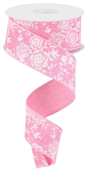 Pre-Order Now & Ship On Apr 8th - Pink/White - Mini Rose On Royal Ribbon - 1-1/2 Inch x 10 Yards