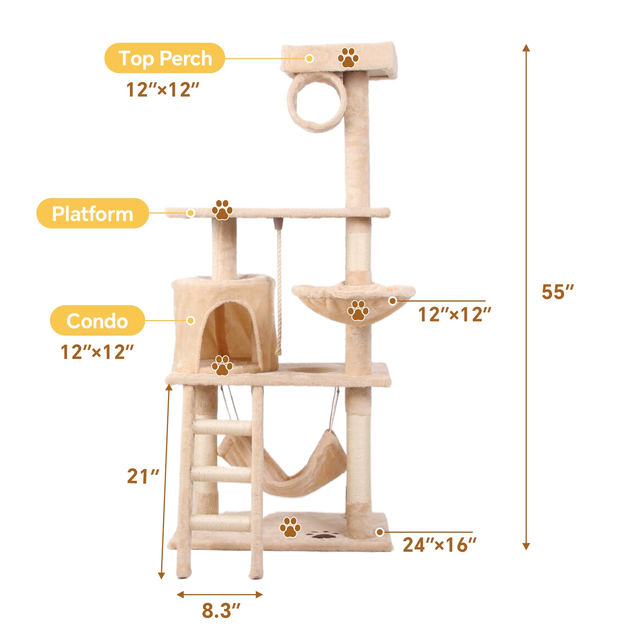 Multilevel Altay Velvet Cat Tree with Condo, Cream White, 55.10" H