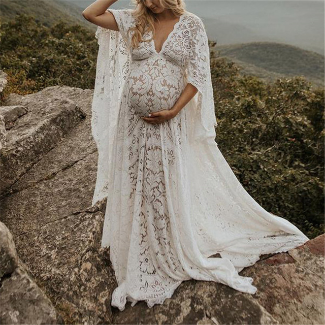 Maternity Fashion Loose Lace Long Sleeve Maxi Dress
