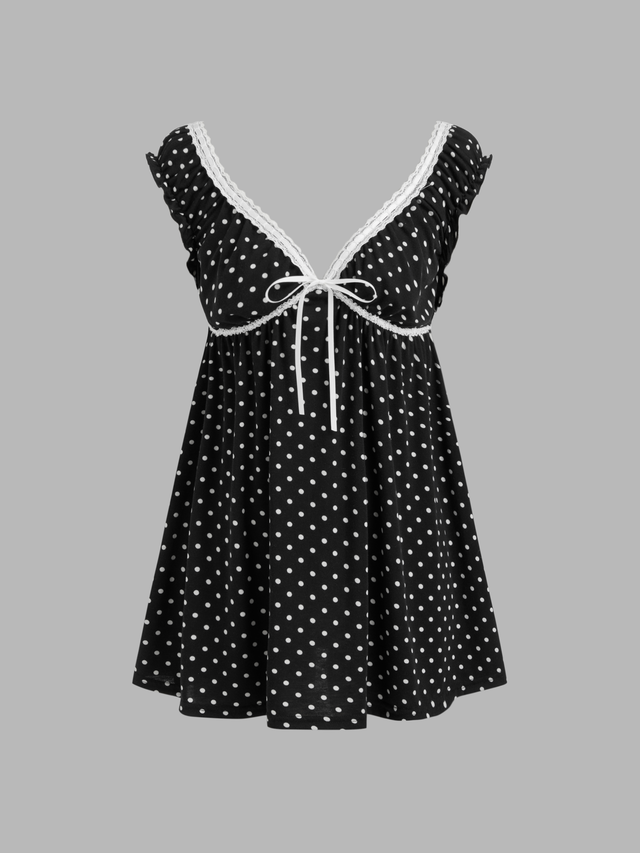 V-neck Polka Dot Lace Trim Bowknot Mini Dress