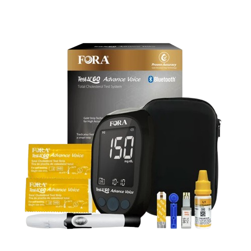 FORA Test N’GO Advance Voice Cholesterol Kit – Voice Function (English & Español), Bluetooth Enabled, 10 Total Cholesterol Strips + 10 Lancets|Effortless Daily Care