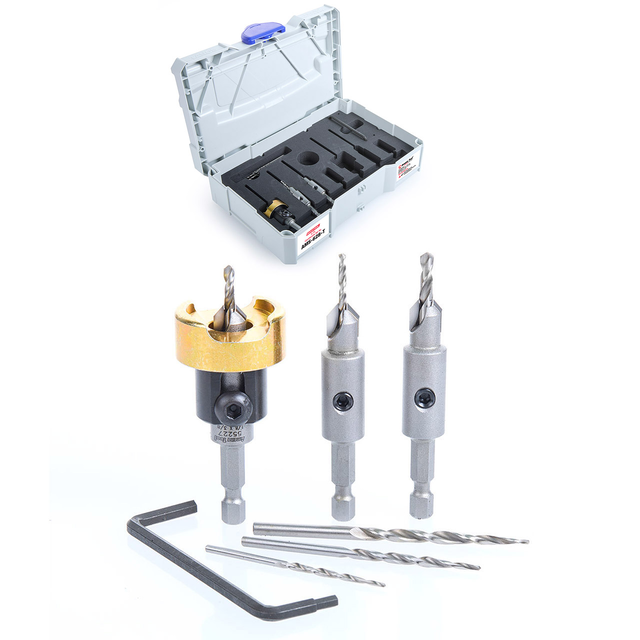 Amana Tool AMS-628-T 6-Pc Carbide Tipped Countersink and Replacement HSS Drills Set Packed in Stackable Tanos Systainer Plastic Case