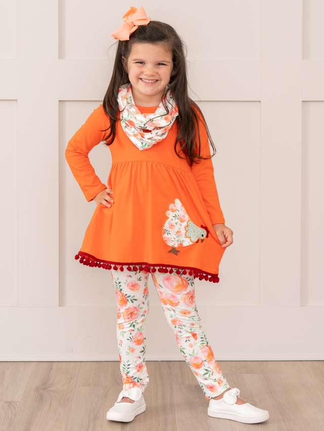 Orange Floral Chicken Pom Pom Outfit w/ Scarf