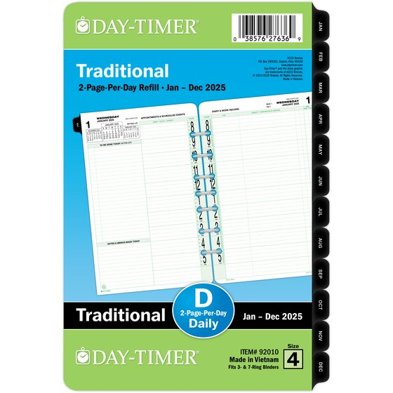 Day-Timer® January 2025 – December 2025 Two Page Per Day Original Planner Refill, Loose-Leaf, Desk Size, 5 1/2" x 8 1/2"