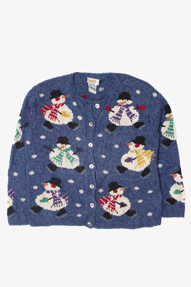 Vintage Snowmen Hand Knit Ugly Christmas Cardigan (1990s)