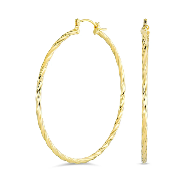 Creole Twisted Rope Hoop Huggie Earrings Gold Plated Brass Lightweight 2.5 Inch