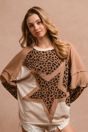 BiBi Star Patched Front Thermal Knit Color Block Top with Leopard Print in Camel