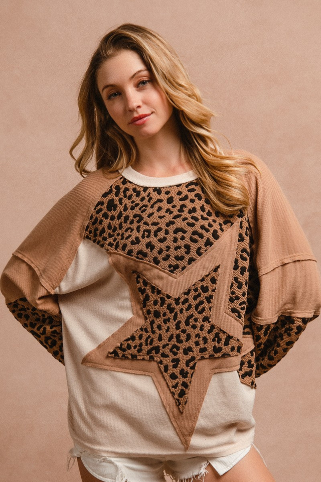 BiBi Star Patched Front Thermal Knit Color Block Top with Leopard Print in Camel