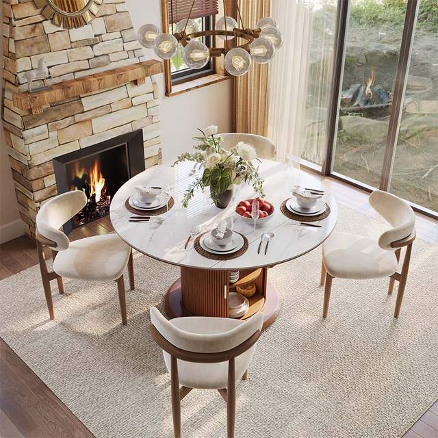 Mid-Century Modern Extendable Round Dining Table for 2-4 People, 27.6"-51" Walnut Farmhouse Table, White Sintered Stone Top with Storage & Fluted Rolling Door Base for Small Spaces