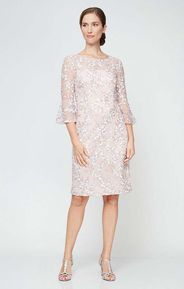 Short Embroidered Sequin Lace Sheath Dress with Illusion Neckline, 3/4 Bell Sleeves