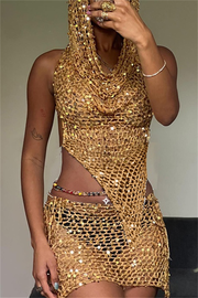 Sexy Solid Hollowed Out Sequins Patchwork See-through Hooded Collar Sleeveless Two Pieces