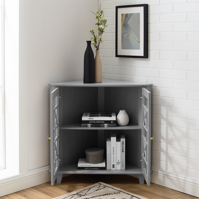 Gwen Fretwork Corner Accent Cabinet - Stylish Storage Solution for Any Space with Soft-Close Doors