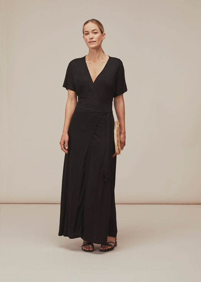 Black Jersey Wrap Midi Dress