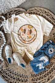 Vintage Flowers Happy Face Graphic Tee - Ivory