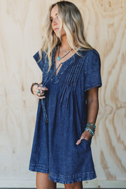 Getaway Pleated Denim Dress - Washed Denim