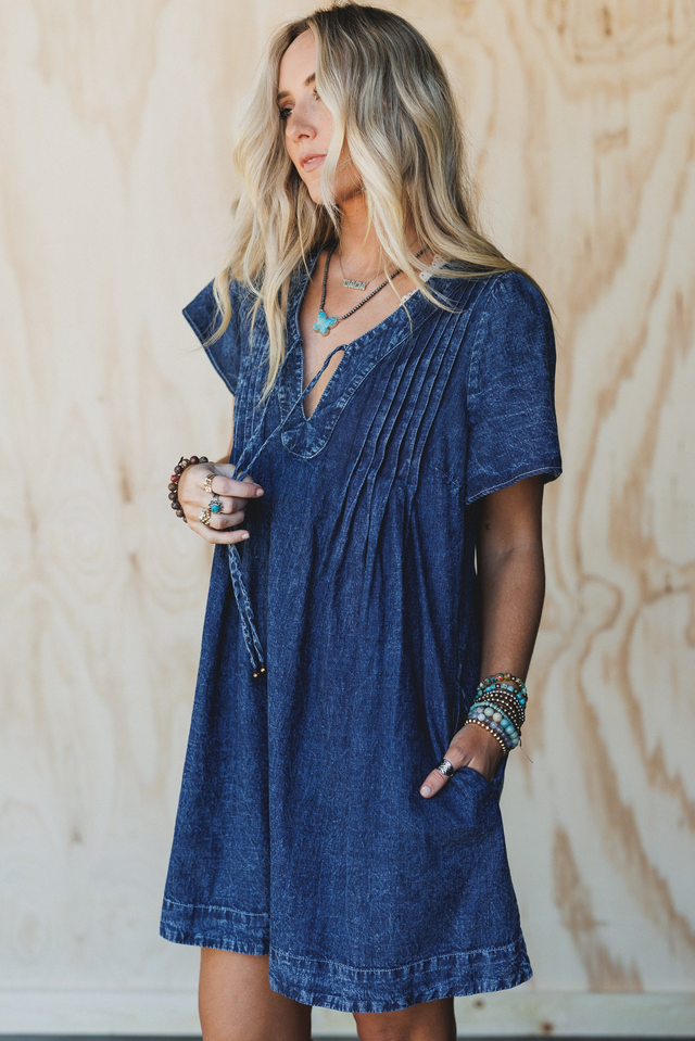 Getaway Pleated Denim Dress - Washed Denim