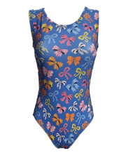 BOWutiful Gymnastics Leotard - Blue Open-Back Leotard with Colorful Bows