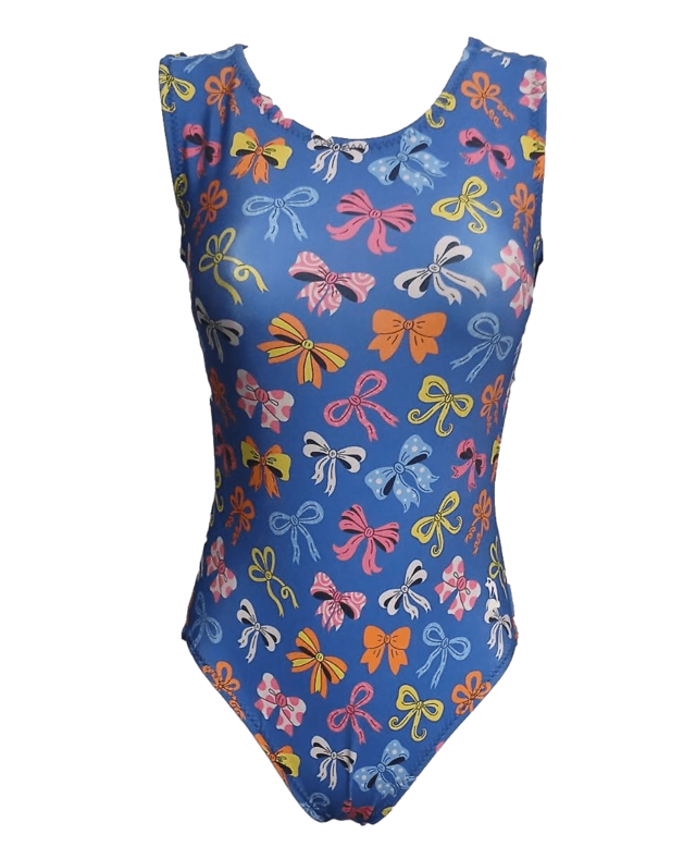 BOWutiful Gymnastics Leotard - Blue Open-Back Leotard with Colorful Bows
