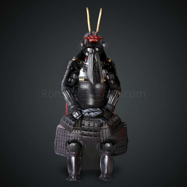 Tsukahara Bokuden All Black Samurai Armor Tosei Gusoku Style Demon Maedate with long horn