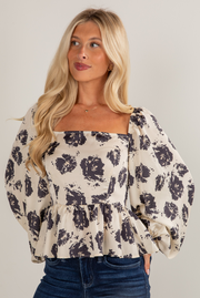 With Intention Cream Floral Peplum Blouse