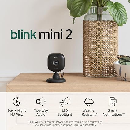 All-new Blink Mini 2 — Plug-in smart security camera, HD night view in color, built-in spotlight, two-way audio, motion detection, Works with Alexa — 2 cameras (Black)