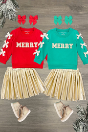 "Merry" Pearl Bow Metallic Skirt Set