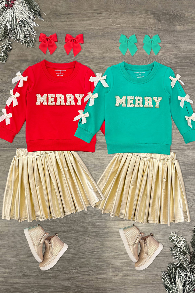 "Merry" Pearl Bow Metallic Skirt Set