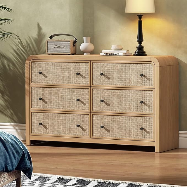 Oak&Sparrow 6 Drawer Dresser for Bedroom, 49'' Rattan Dresser with Ample Storage, Boho Chest of Drawers, Thickened Curved Profile Design, Oak Dressers for Bedroom, Living Room