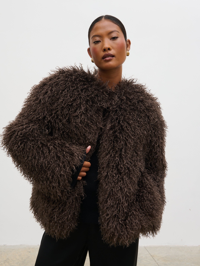 Irie Shaggy Short Faux Fur Coat - Brown