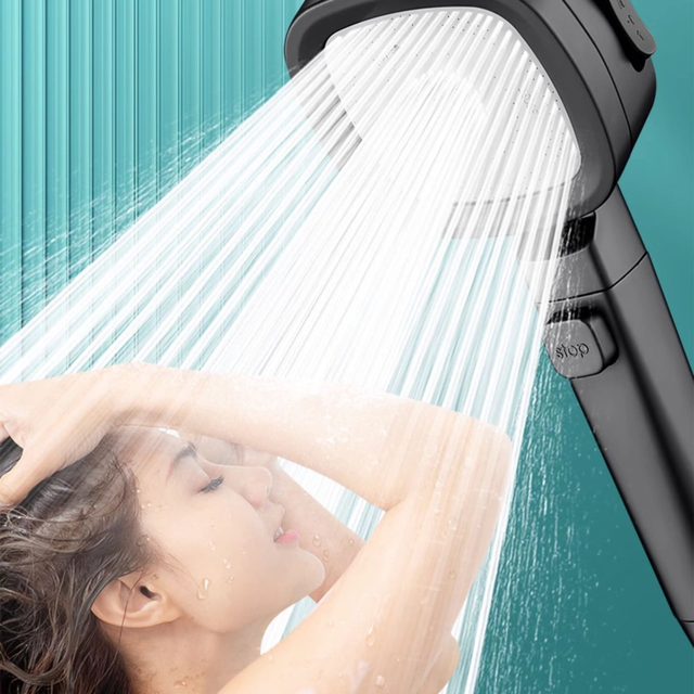 Turbo High Pressure Shower Head with 4 Bathing Modes, Water Stop Function, Universal Fit for Low Water Pressure