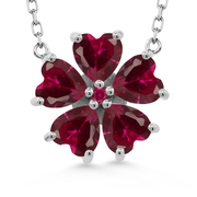 925 Sterling Silver Gemstone Birthstone and Created Ruby Flower Pendant Necklace for Women | Heart Shape 6MM Petals and Round 2MM Center | With 18 Inch Chain | Fine Jewelry for Her Mom Wife
