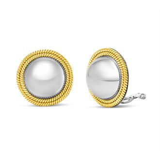 Estate Jewelry Two Tone Vintage Circle Framed Clip-On Button Earrings In Solid Sterling Silver