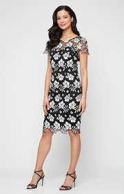 Short Embroidered Lace Dress with Illusion Neckline, Short Sleeves and Scallop Detail