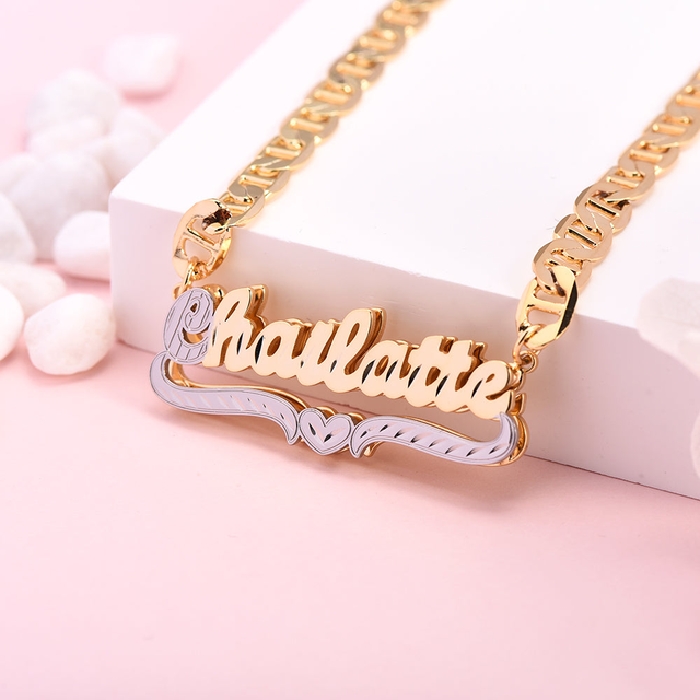 Marine Chain Personalized Double Layer Two Tone Heart Name Necklace
