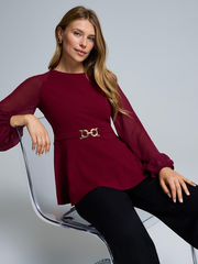 Chiffon Sleeve Belted Peplum Top