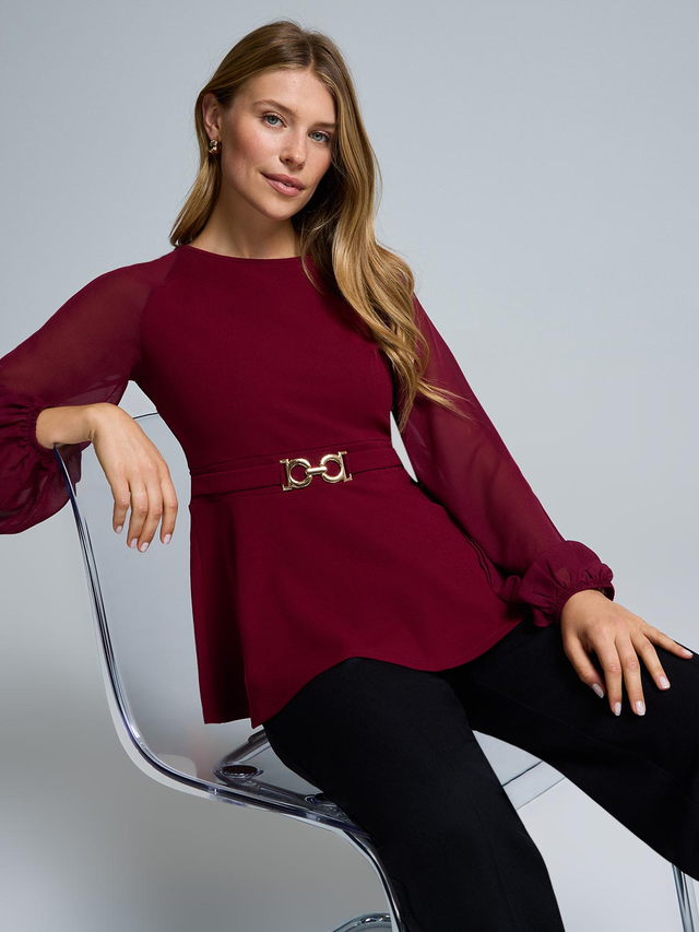 Chiffon Sleeve Belted Peplum Top