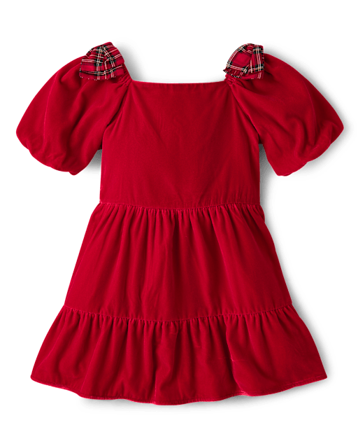 Baby Girls Plaid Bow Flannel Bubble Dress - Royal Christmas - Red