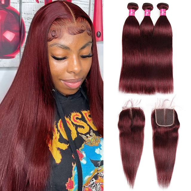 Burgundy Red Hair Bundles With Closure Human Hair Straight Hairstyle