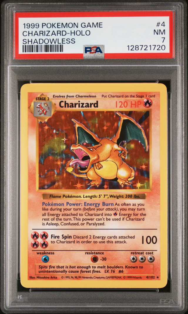 1999 POKEMON BASE SET SHADOWLESS #4 CHARIZARD-HOLO PSA 7
