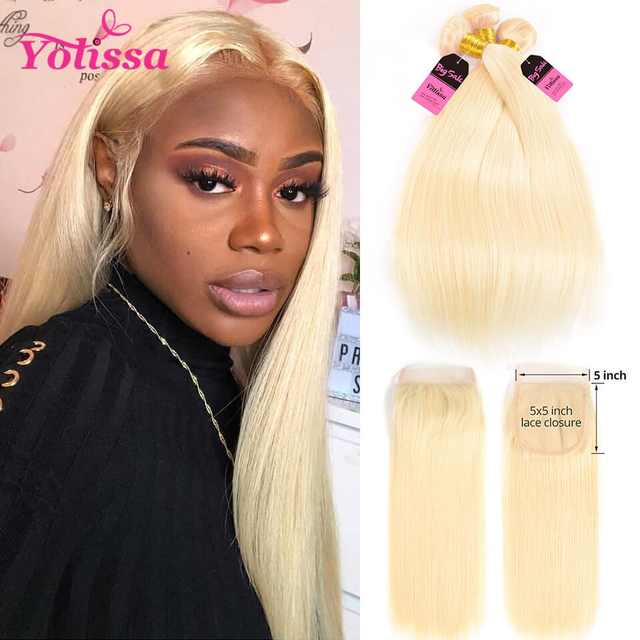613 Blonde Hair Straight 3 Bundles With 5*5 Closure