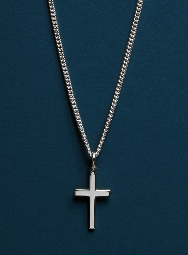 925 Sterling Silver Cross on Sterling Rhodium Coated Curb Chain