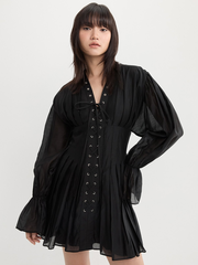 Lace Up Eyelet Dress - Black