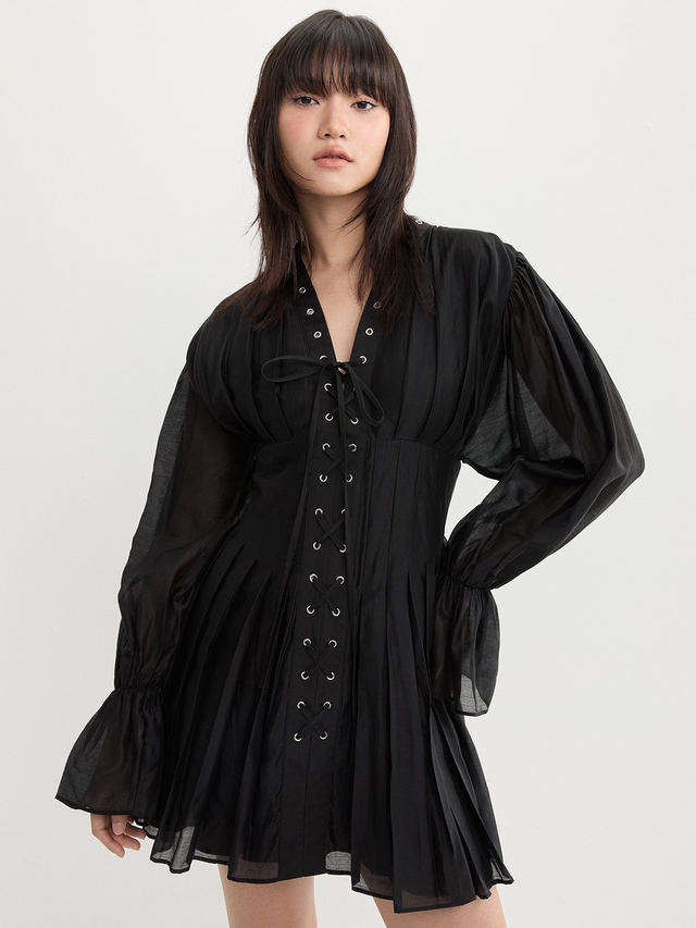 Lace Up Eyelet Dress - Black